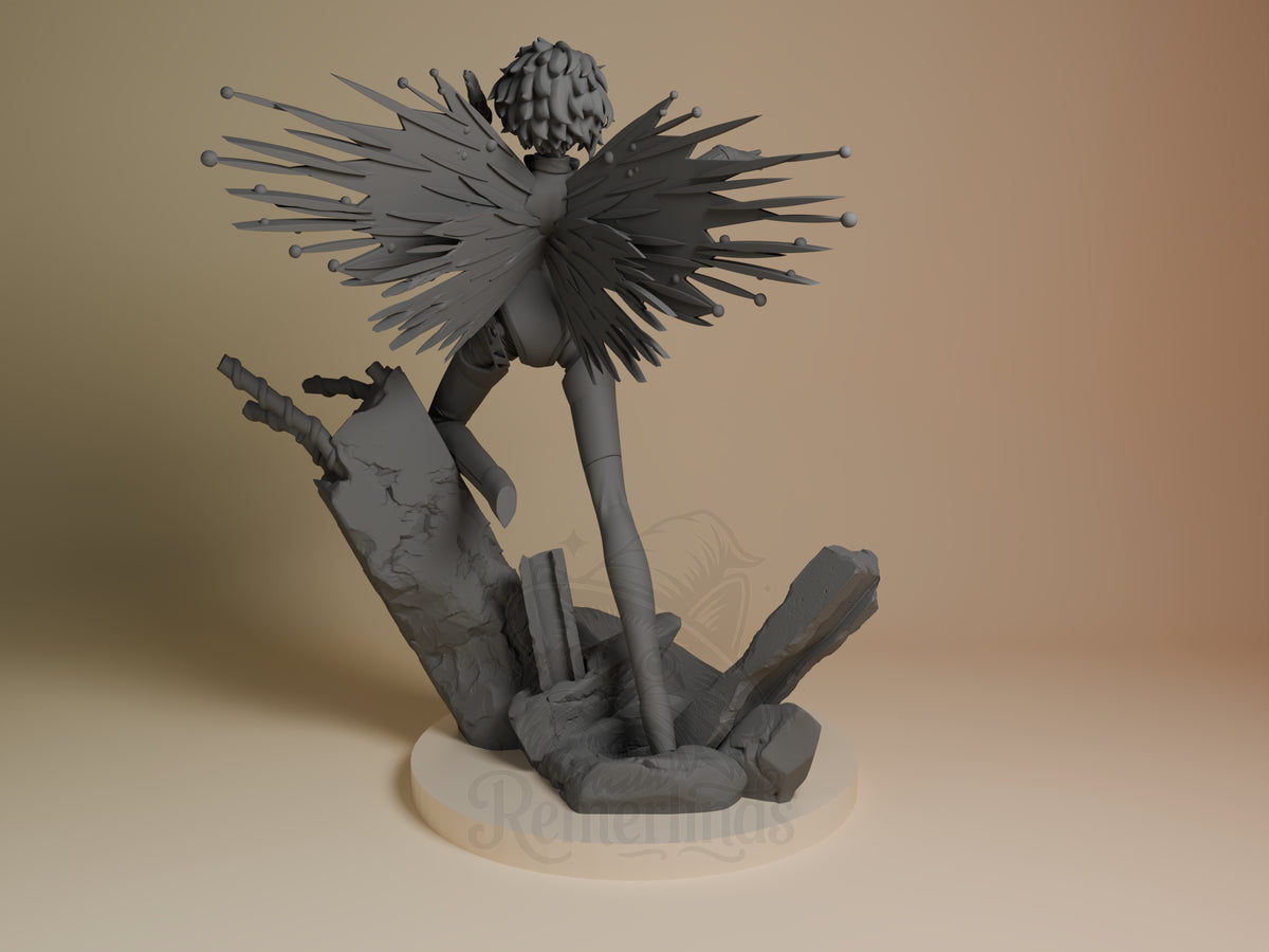 Back view of Aigis from Persona, an unpainted resin figure with layered wings on a sculpted base.
