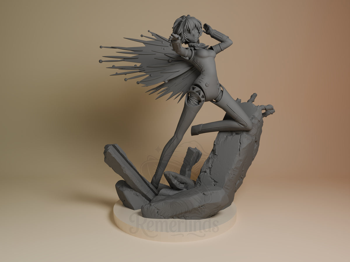 Aigis from Persona is an unpainted resin figure posed airborne on a rocky base.