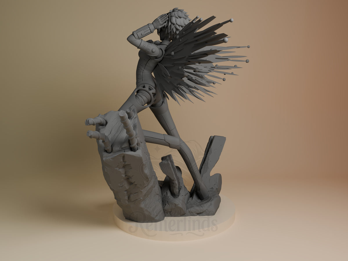 Unpainted rear-angle resin figure of Aigis from Persona saluting above a sculpted rocky base.