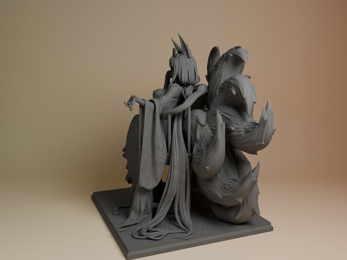 Akagi from Azur Lane resin figure stands unpainted at a rear angle with fox tails on a rectangular base.