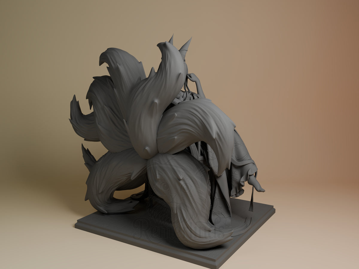 Back three-quarter view shows unpainted Akagi from Azur Lane, a resin figure with tails on a sculpted base.