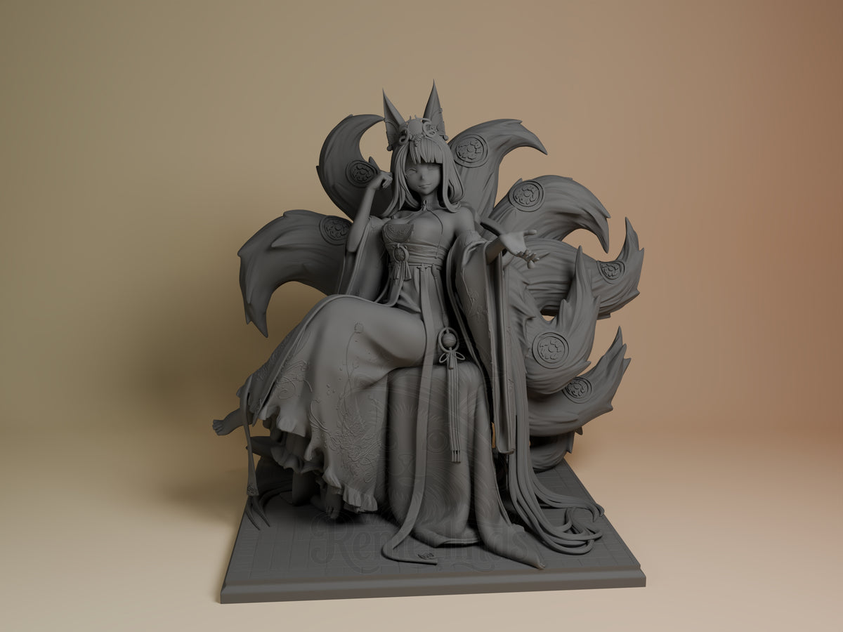 Front-view Akagi from Azur Lane is an unpainted resin figure seated with nine tails on a sculpted base.