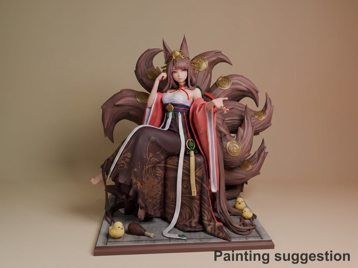 Painted Akagi from Azur Lane resin figure sits front-facing in flowing robes with fox tails on a sculpted base.