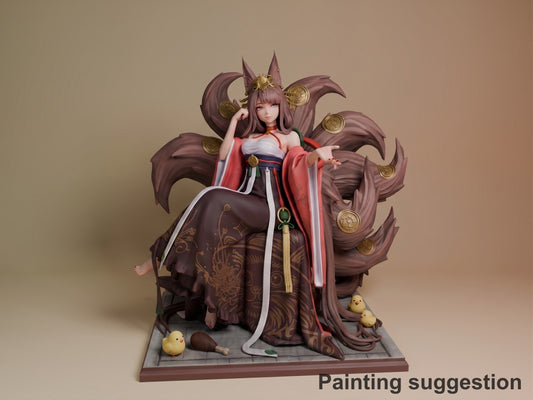 Akagi resin figure from Azur Lane, painted in browns and reds, posed with nine-tailed fox features and flowing robes on a detailed base with decorative elements.