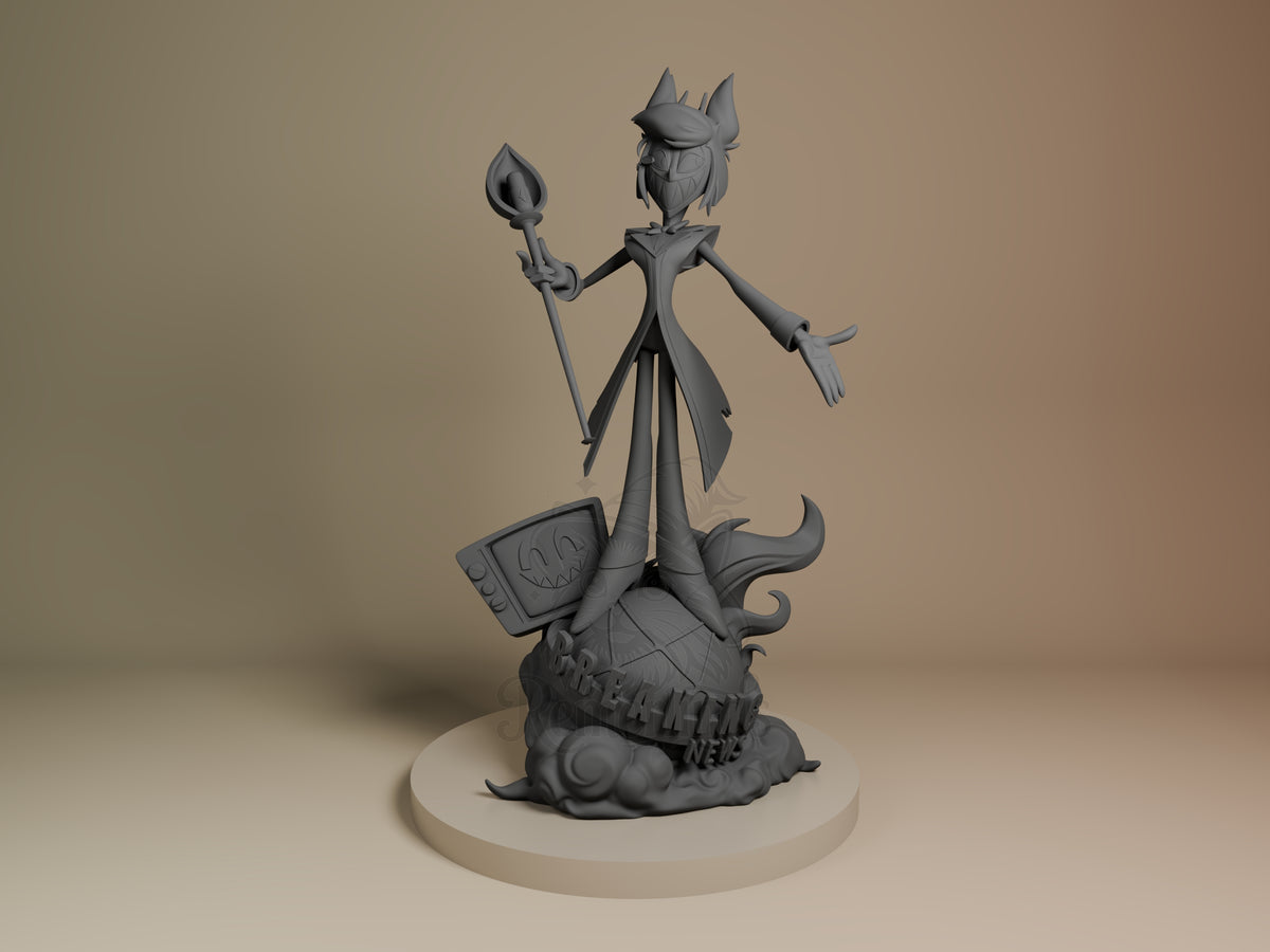 Alastor Hazbin Hotel 3D printed resin figure by Nomnom, unpainted front view. The figure depicts Alastor from Hazbin Hotel standing confidently atop a cracked globe base enveloped in swirling smoke or flames. He holds a staff with a flame-shaped ornament in one hand and extends his other arm outward in a welcoming or commanding gesture. Behind him is an old-fashioned TV screen showing a face, emphasizing the character's vintage broadcast theme and eerie aura.
