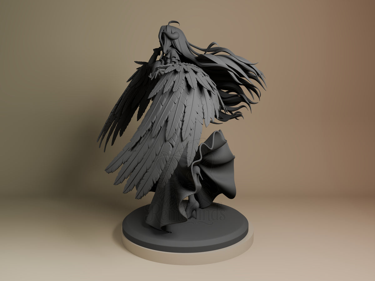 Albedo resin figure from Overlord shown at angle, displaying winged back pose and detailed robing on circular base, unpainted gray finish.