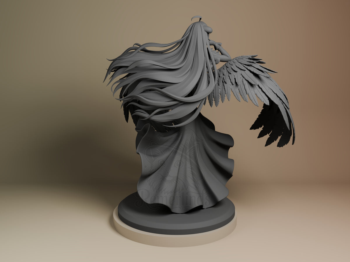Albedo resin figure from Overlord shown from back view, displaying flowing hair and dark wings, unpainted gray resin on circular base.