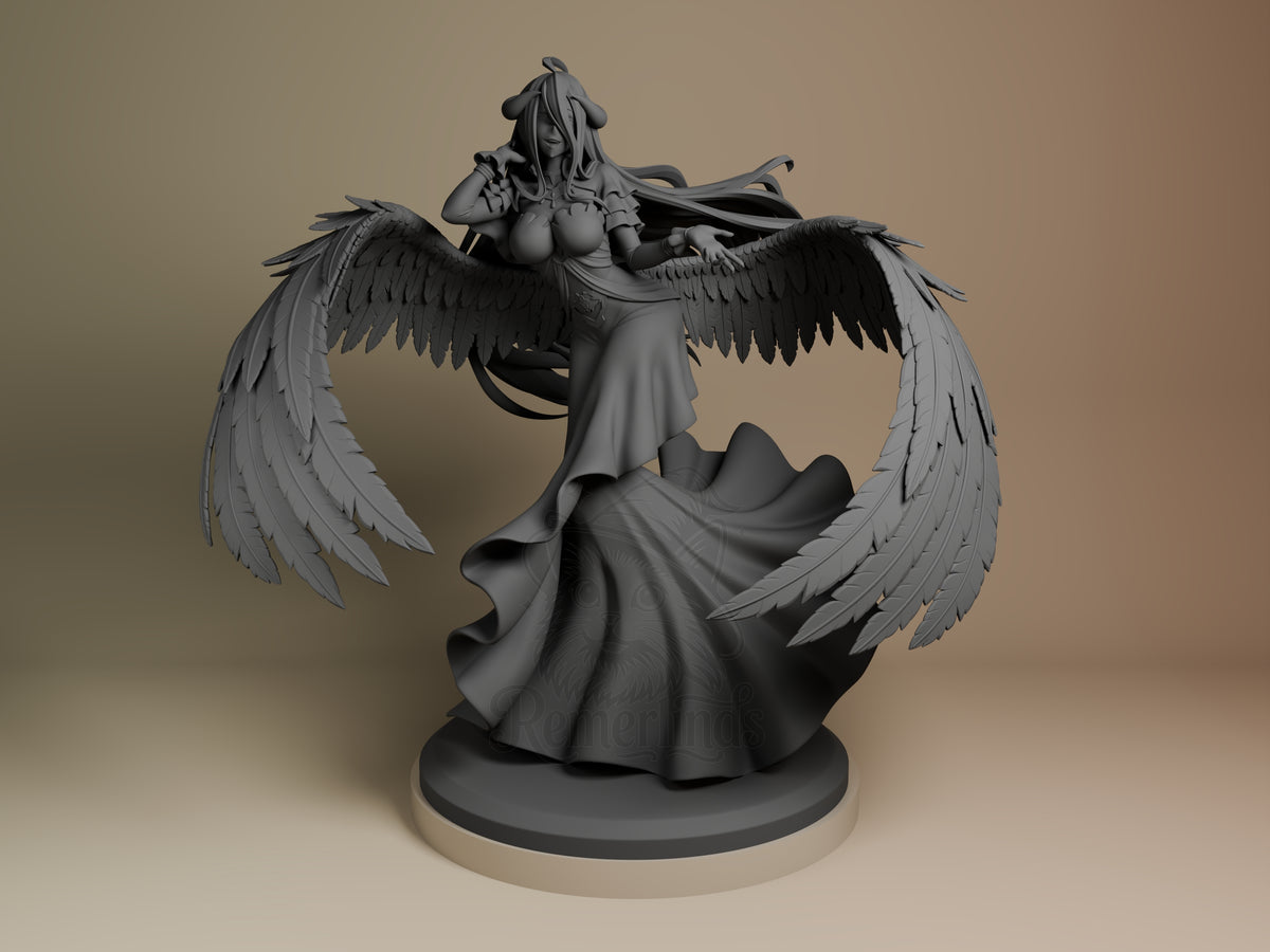 Albedo resin figure from Overlord displayed front-facing on circular base, showing winged angel form with flowing dress and detailed feather details, unpainted gray resin.