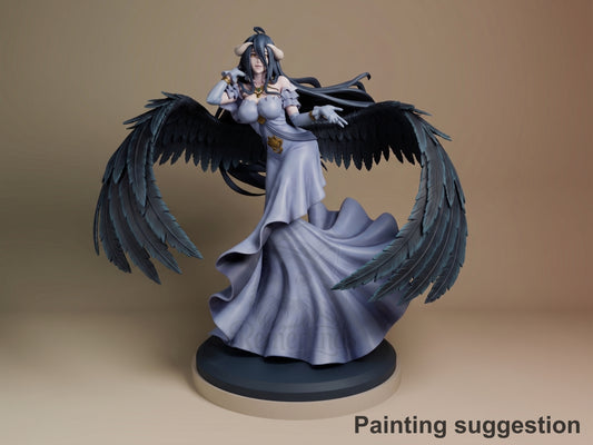 Albedo resin figure from Overlord, painted in white and black, with large dark wings spread wide, flowing gown, standing on dark base, front three-quarter view.