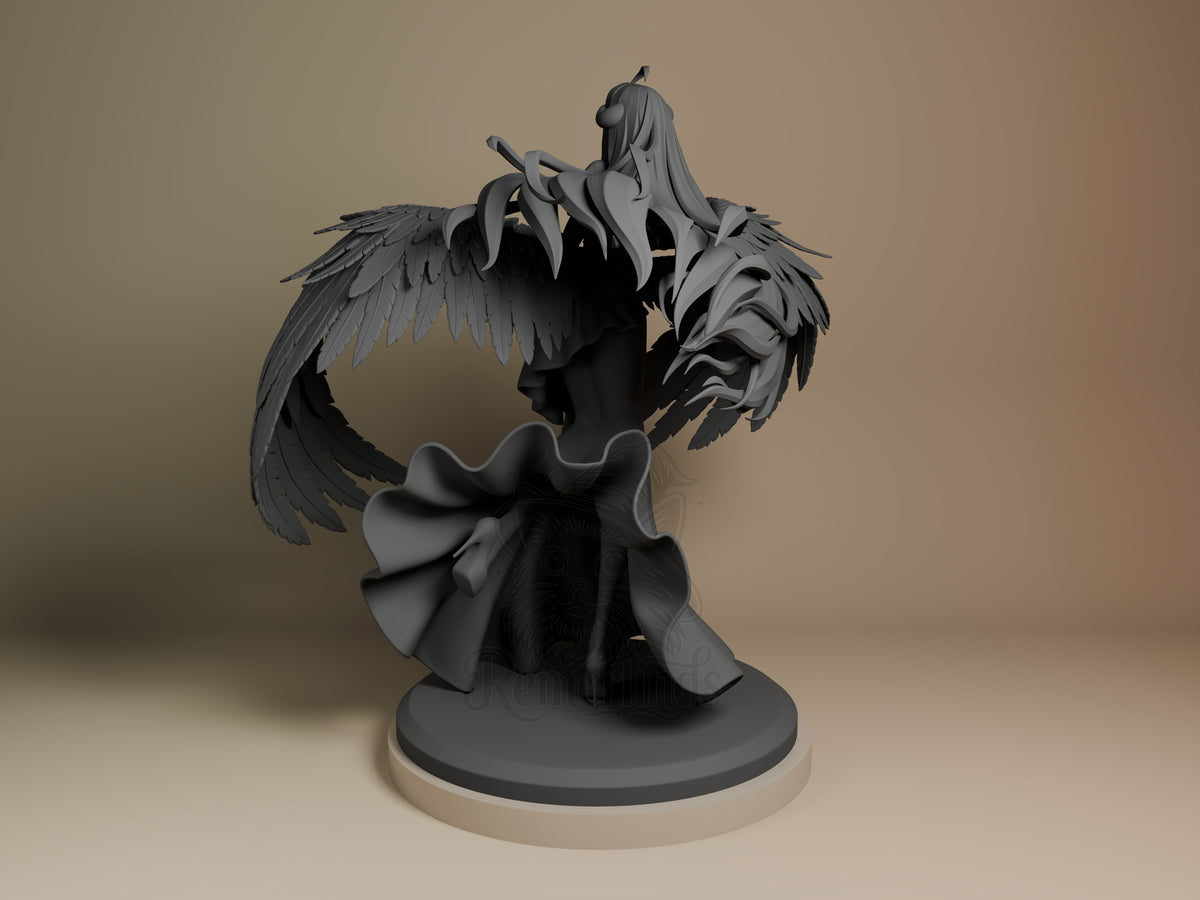 Albedo resin figure from Overlord shown from left angle, unpainted gray with dark detailing, wings spread, flowing robes, on circular base.