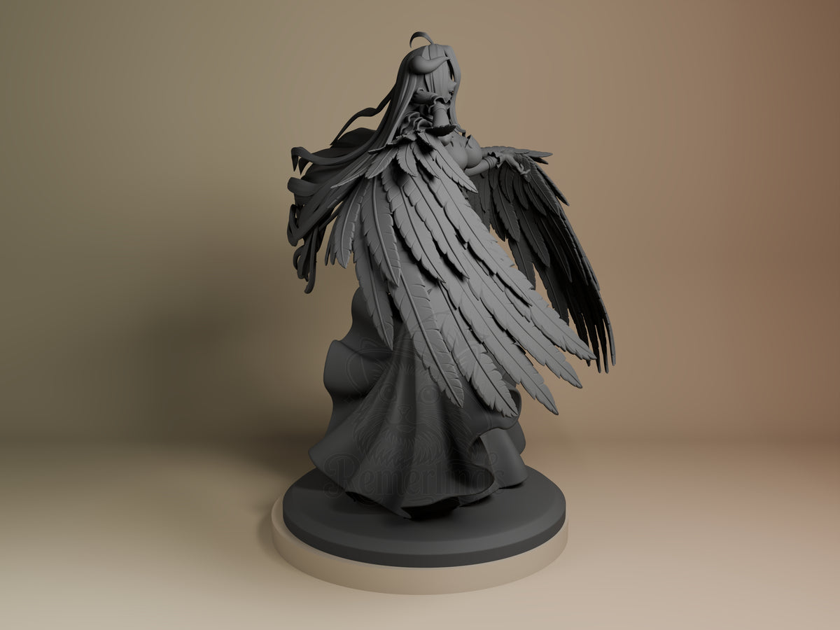Albedo resin figure from Overlord shown from right side, unpainted gray resin, wings spread, flowing robes, on dark base against neutral background.