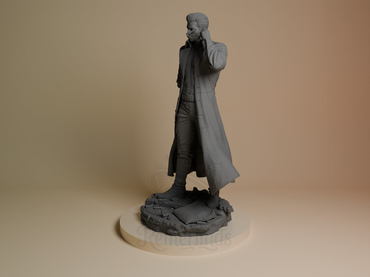 Albert Wesker resin figure from Resident Evil in gray primer, standing in coat with hand to face on textured base, angled side view.