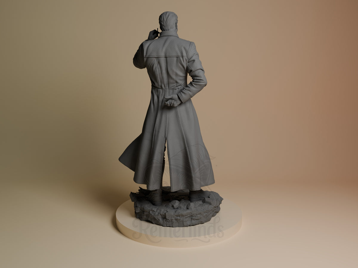 Albert Wesker resin figure shown from behind in long coat, standing on textured base, unpainted gray finish, CA3D Studios collectible.