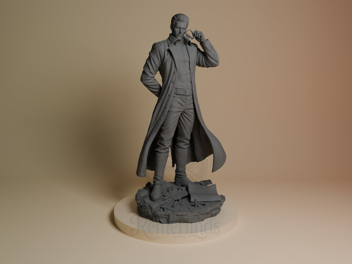 Albert Wesker resin figure in long coat and tactical gear, standing posed with hand at collar on rocky base, unpainted gray finish, front angle view.