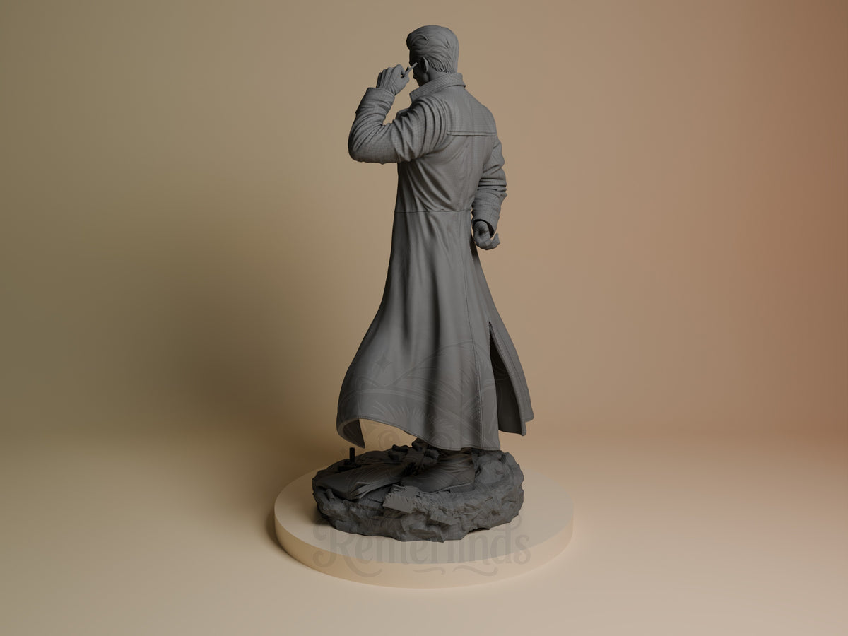 Albert Wesker 3D printed resin figure shown from behind, wearing long coat, hand at neck, unpainted gray finish on textured base.