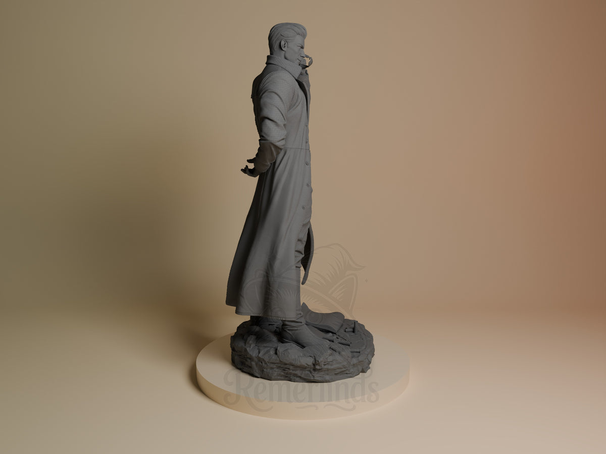 Albert Wesker resin figure from Resident Evil shown in right profile, standing in long coat on textured base, unpainted gray resin by CA3D Studios.