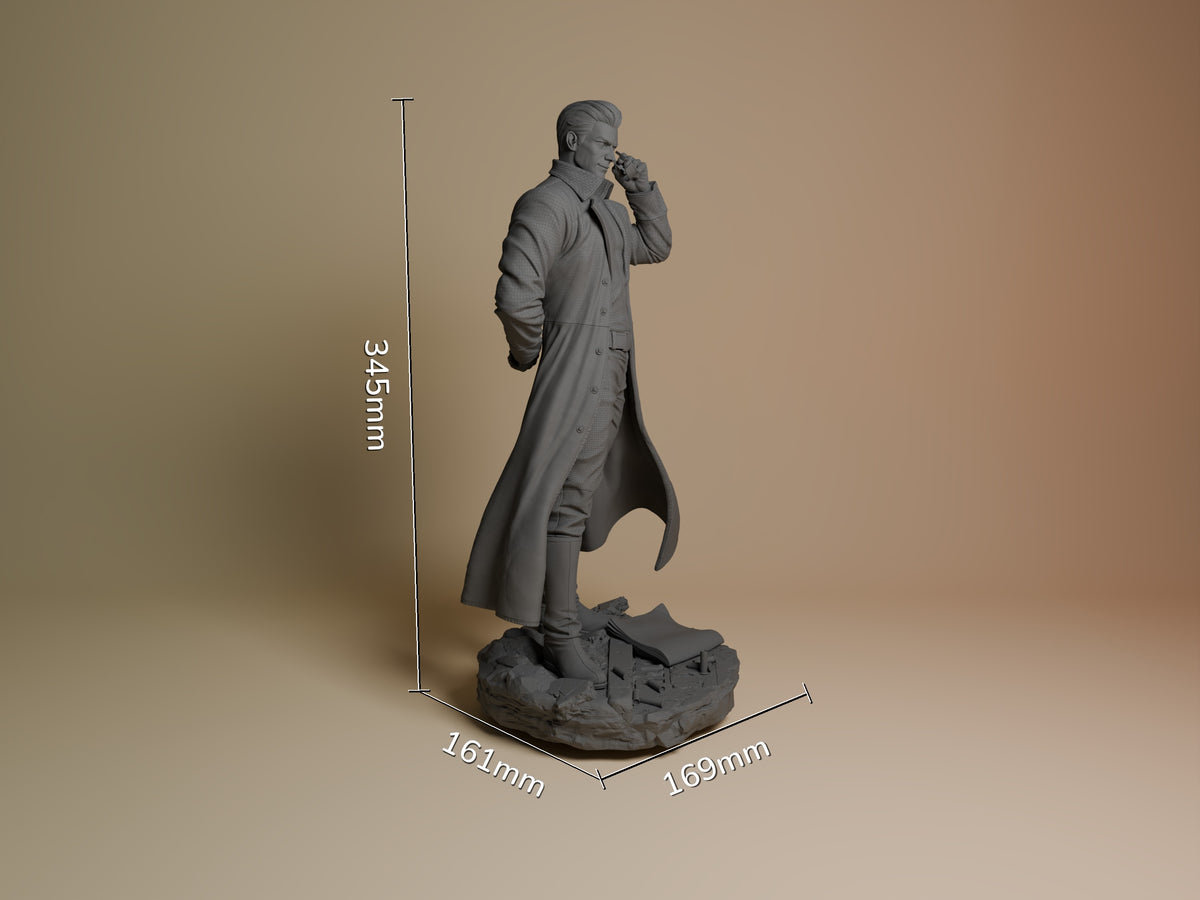 Albert Wesker resin figure shown at 345mm height with 161x169mm base, standing in long coat with hand to face, unpainted gray finish.