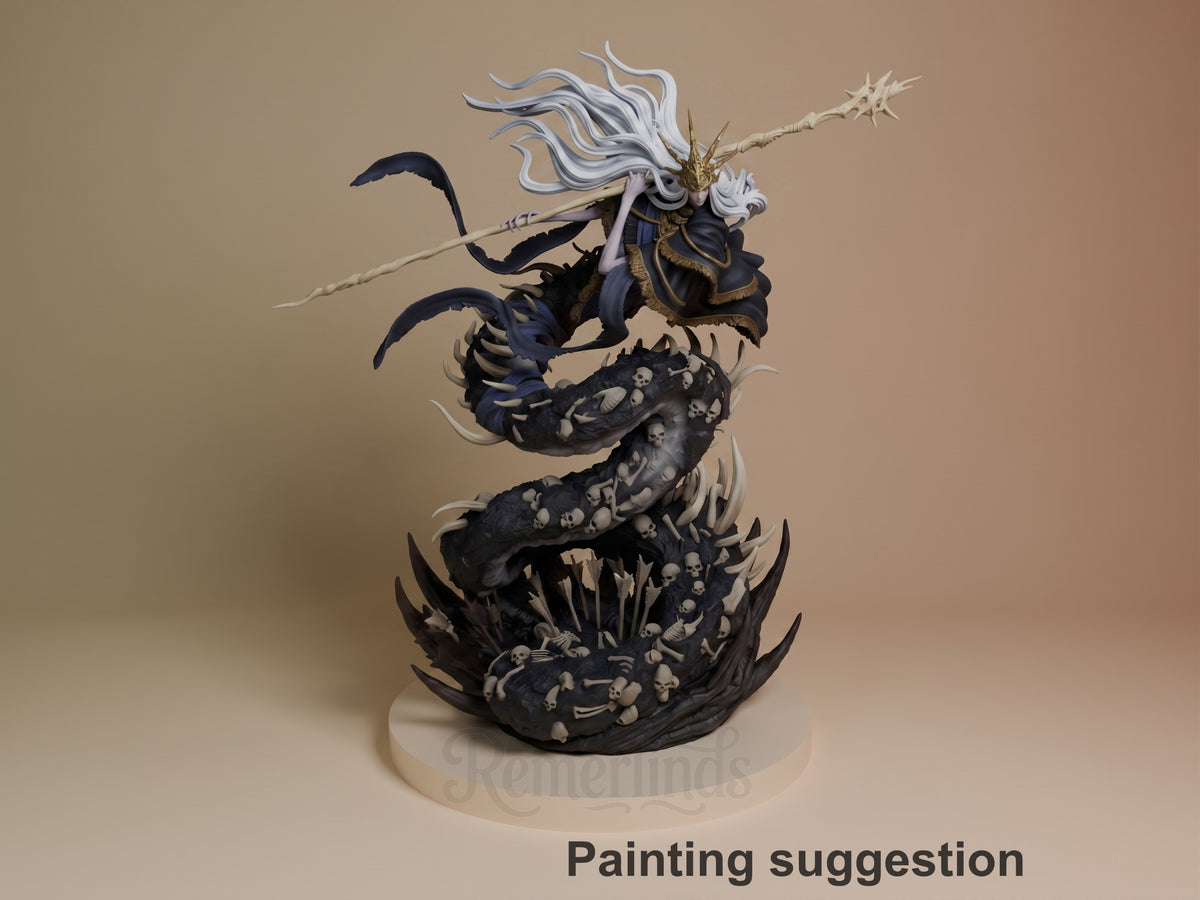 Painted resin figure of Aldrich from Dark Souls, showing detailed white hair, dark armor, and ornate black base with skull details, wielding a spiked staff.