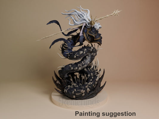 Painted resin figure of Aldrich from Dark Souls, showing detailed white hair, dark armor, and ornate black base with skull details, wielding a spiked staff.
