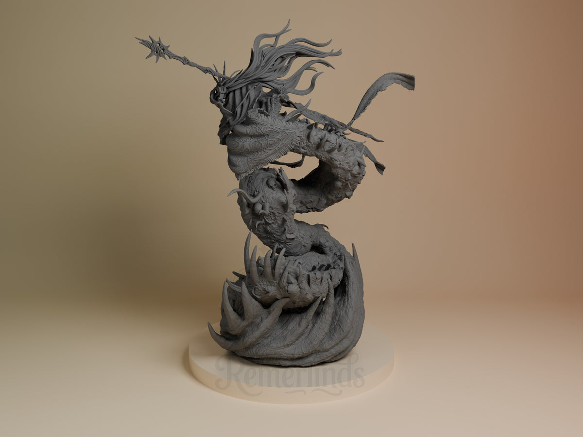 Aldrich Devourer of Gods resin figure in gray unpainted detail, twisted upright pose on round base, side view angle.