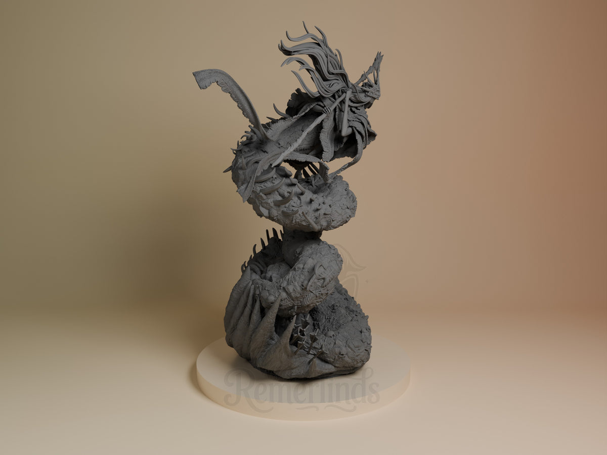 Gray resin figure of Aldrich from Dark Souls, shown from right angle with grotesque upper body perched atop bulbous base, mounted on circular stand.