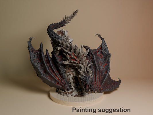 Painted Alduin from Skyrim resin figure shows spread wings from a front angle on a rubble base.