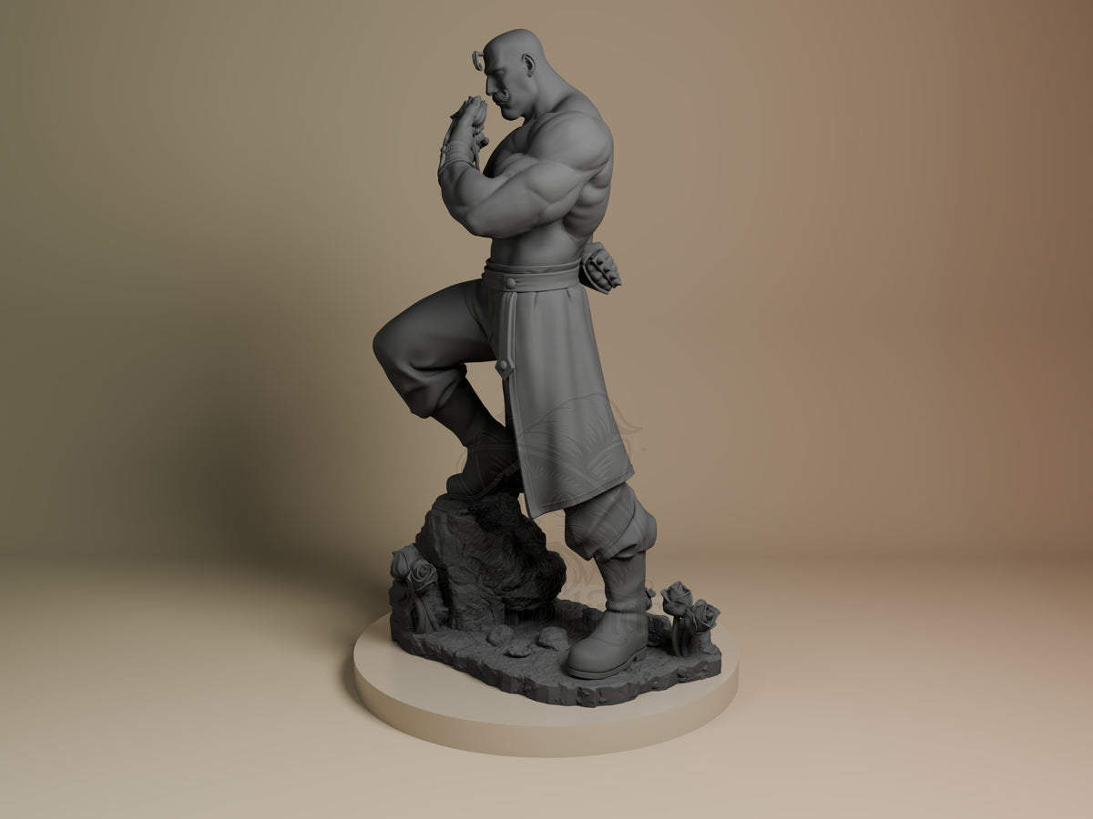Alex Luis Armstrong resin figure from Fullmetal Alchemist, unpainted in profile on sculpted base.