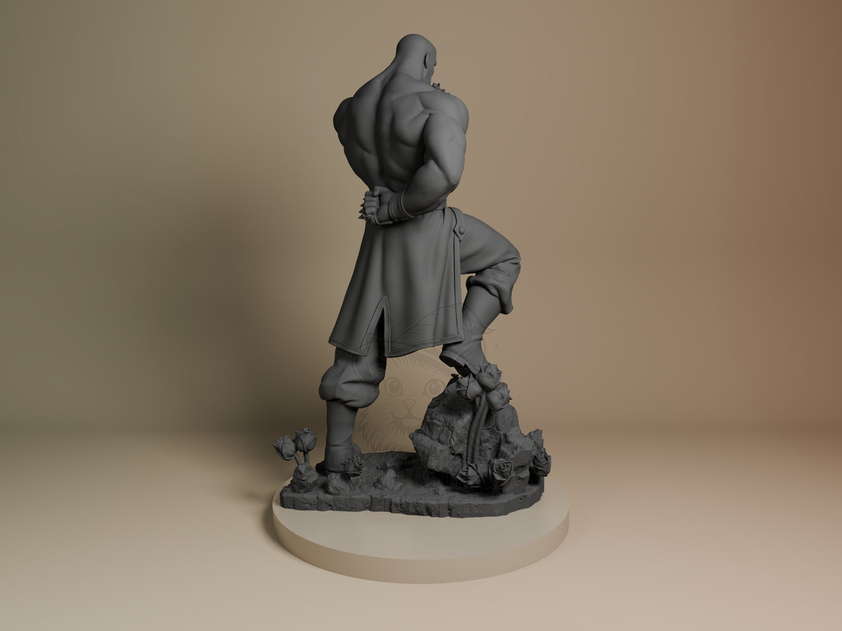 Back three-quarter view of unpainted Alex Luis Armstrong resin figure from Fullmetal Alchemist, hands behind back on a rocky.
