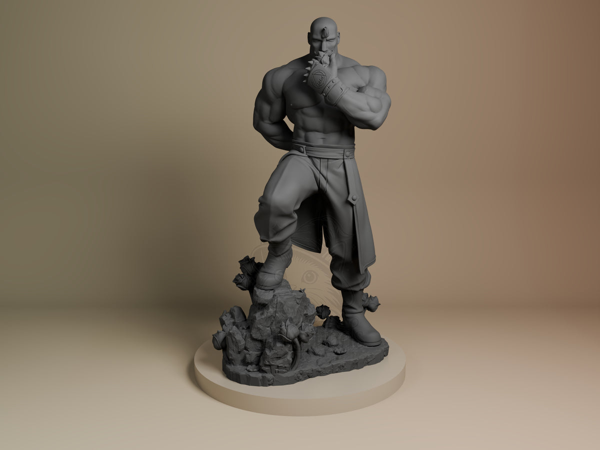 Front view shows unpainted Alex Luis Armstrong resin figure from Fullmetal Alchemist on a sculpted rubble base.