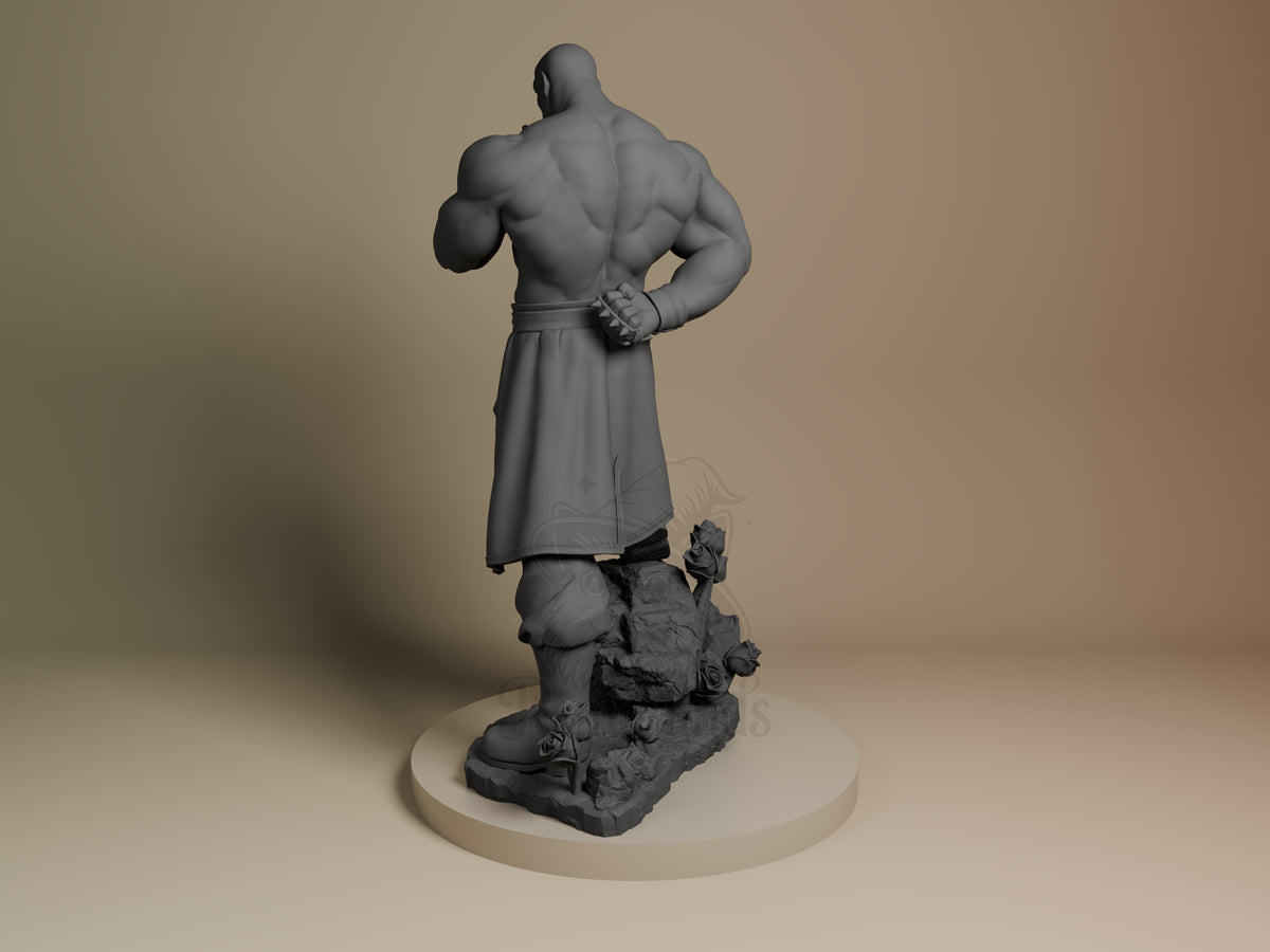 Alex Luis Armstrong resin figure from Fullmetal Alchemist, shown from behind unpainted on a rocky sculpted base.