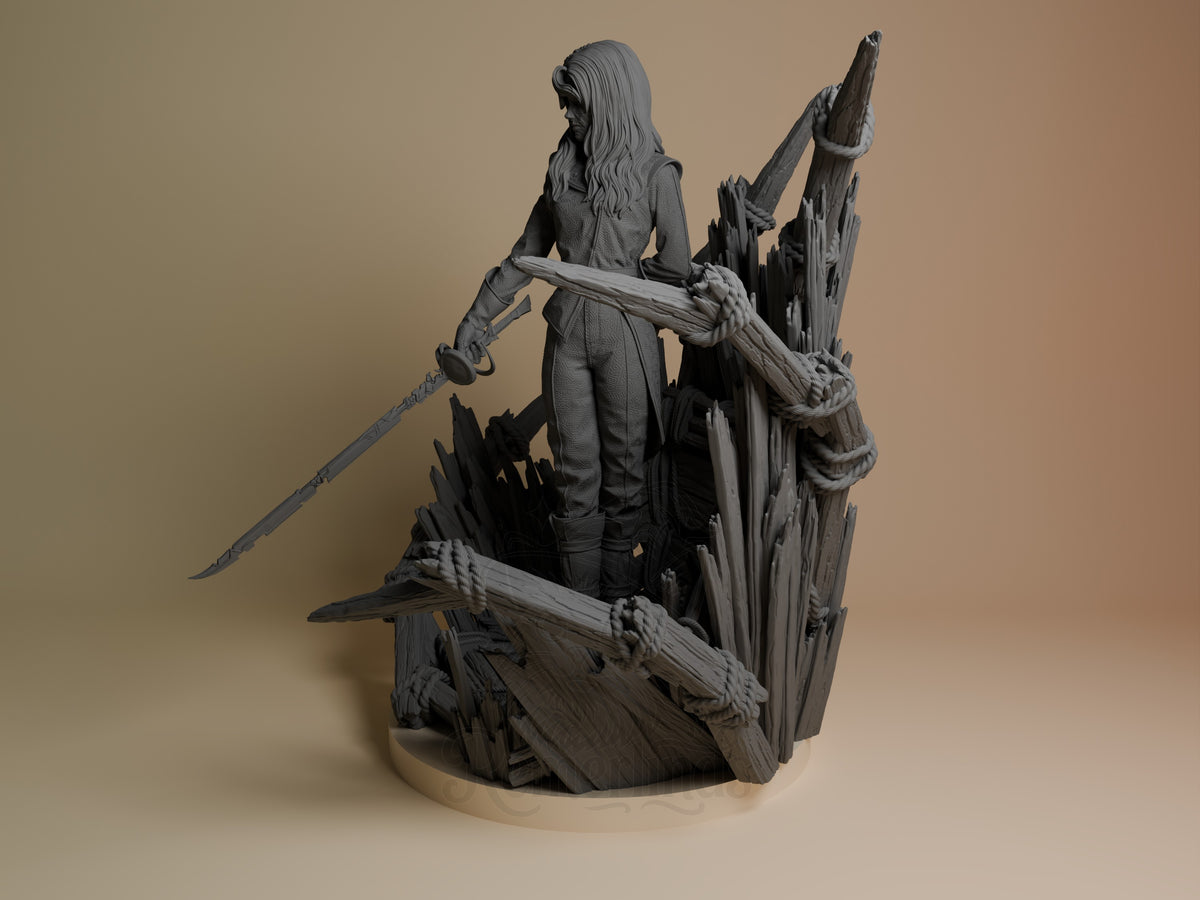 Alicia from Expedition 33 resin figure shown at angle, standing on jagged base with sword, long hair, detailed outfit, unpainted gray finish.