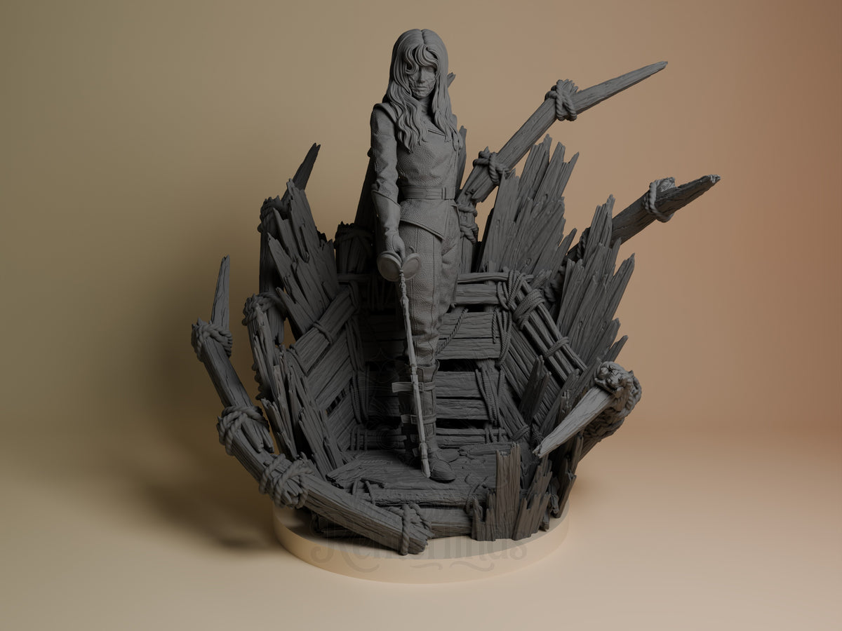 Alicia from Expedition 33 resin figure standing on wooden wreckage base, holding spear, long hair, unpainted gray finish, front view.