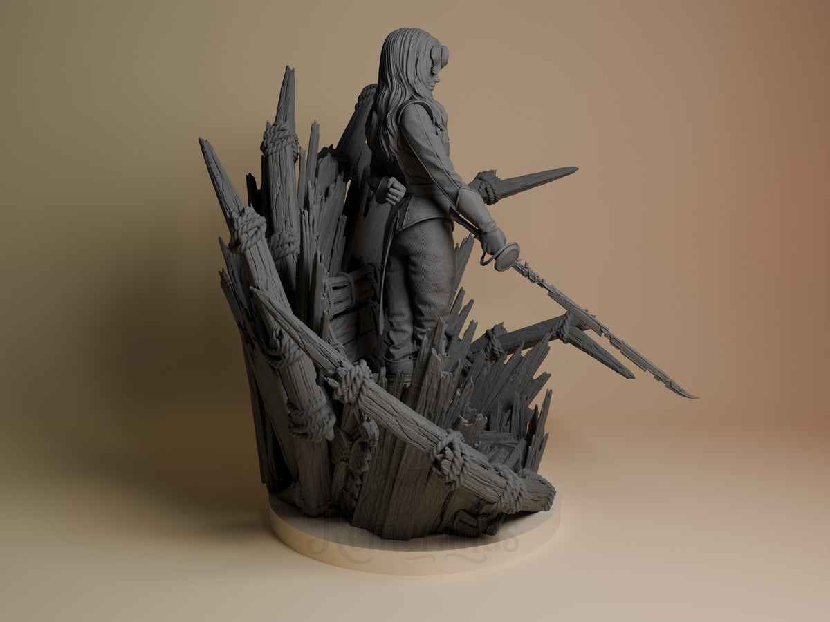 Alicia from Expedition 33 resin figure shown from the right side, standing on carved wooden base with dual spears, long hair visible, unpainted gray finish.