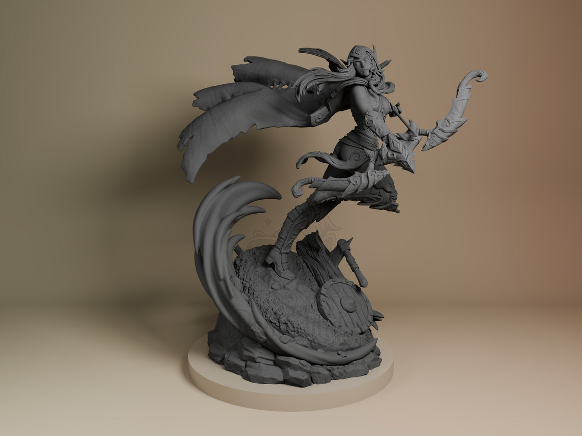 Aloria Windrider Realm of Conflict 3D printed resin figure by Nomnom, unpainted front view. The figure depicts Alleria Windrunner in a dynamic, airborne combat stance, poised as if ready to shoot an arrow from her elaborate bow. Her hair and tattered cape flow dramatically backwards, emphasizing movement. The finely detailed armor and headpiece highlight her fantasy warrior aesthetic, while the sculpted base with battlefield debris adds context and visual interest to the composition.