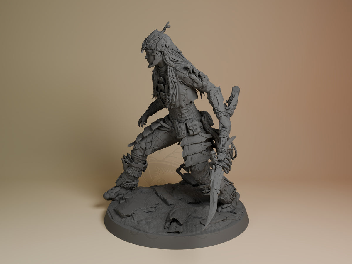 Aloy from Horizon crouches in side view as an unpainted resin figure with bow on a sculpted base.