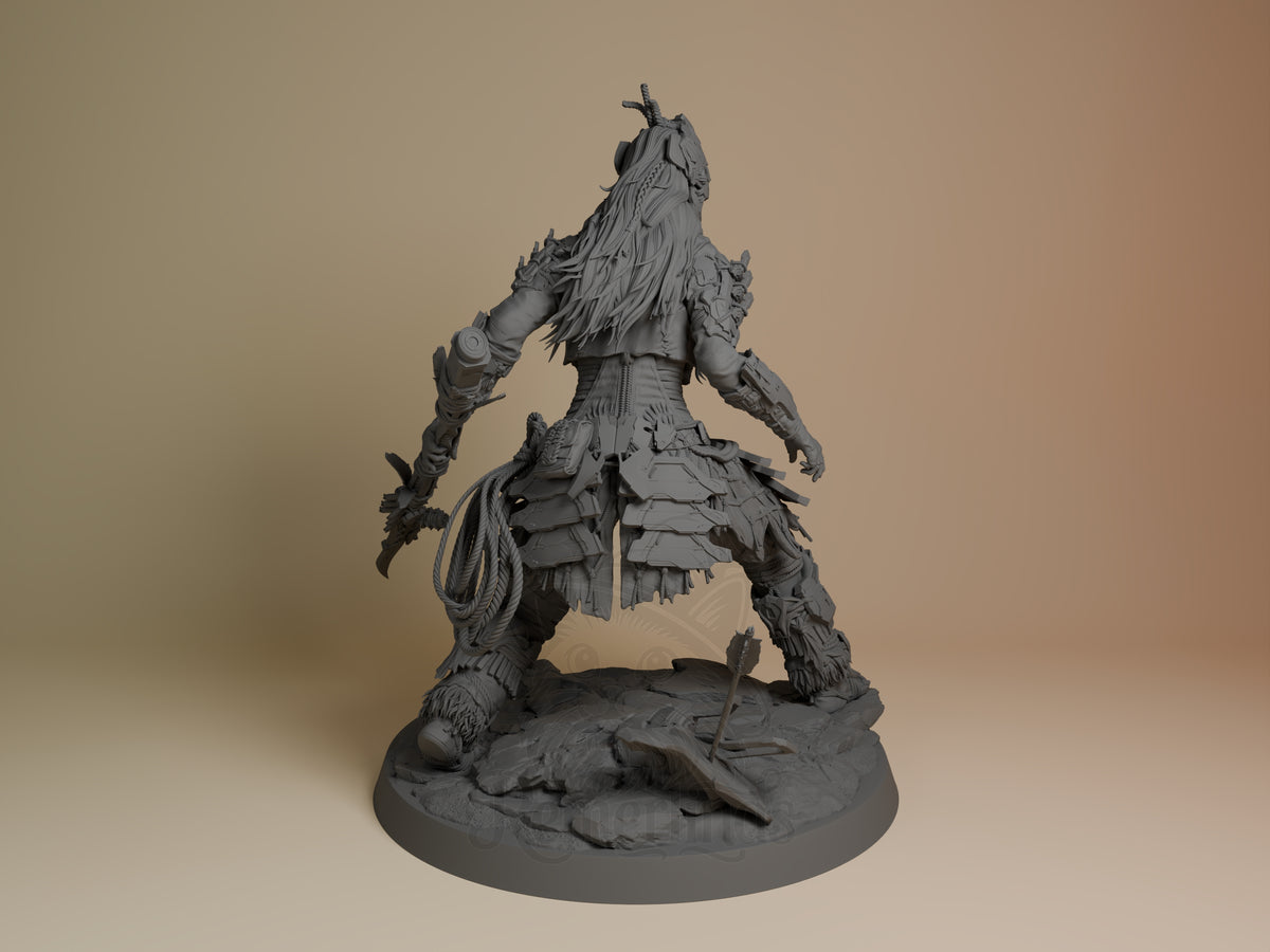 Three-quarter back view of Aloy from Horizon, an unpainted resin figure with armor and hair on a sculpted base.