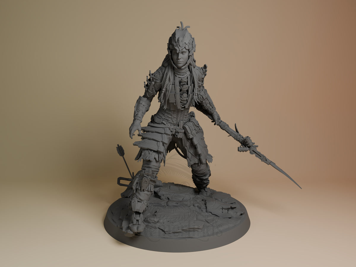 Front view of Aloy from Horizon, an unpainted resin figure holding a spear on a sculpted base.