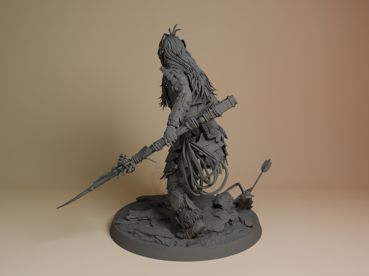 Aloy from Horizon resin figure shown from the left rear, posed with spear on a sculpted base.