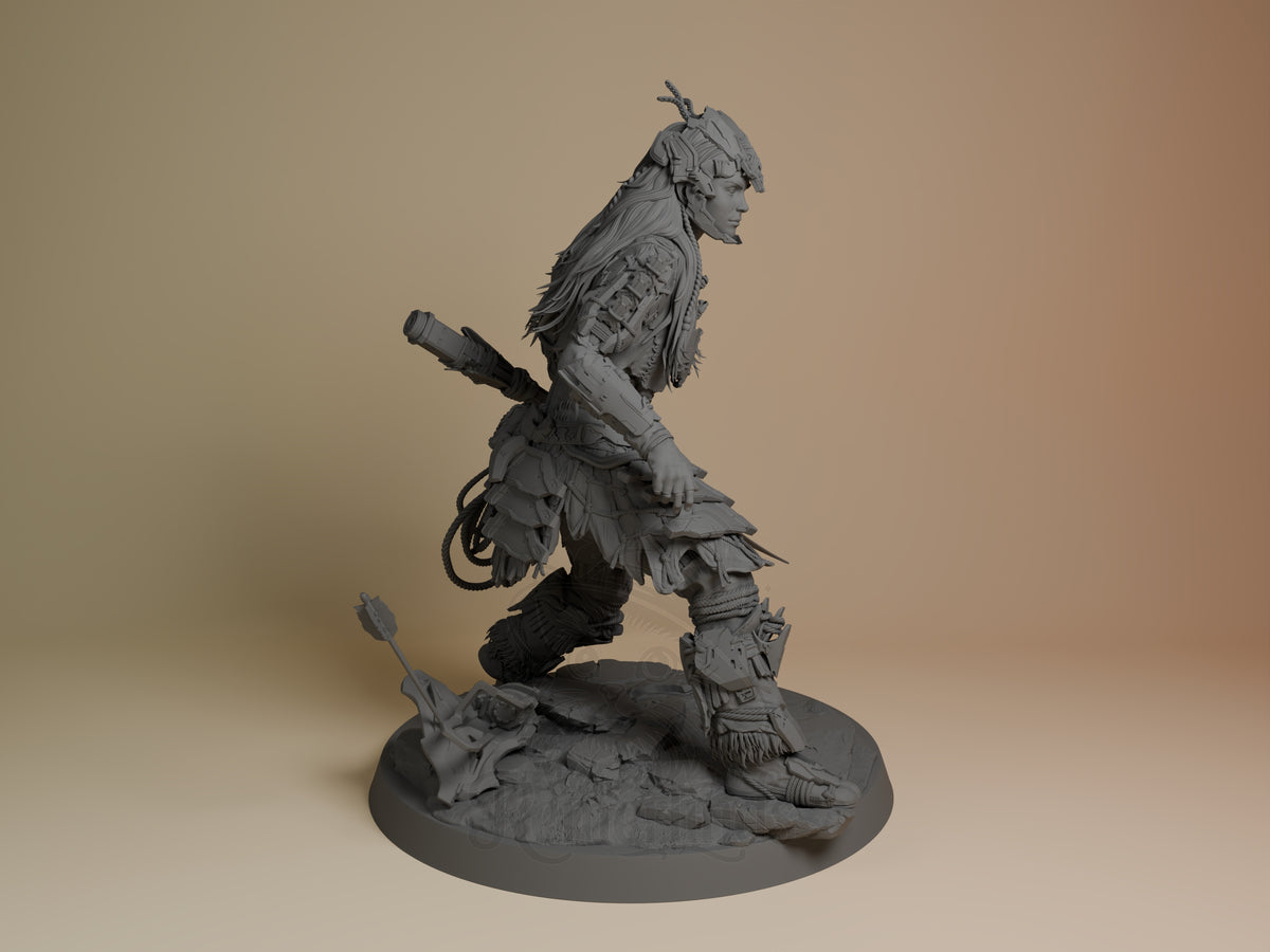Aloy from Horizon is a right-facing, kneeling unpainted resin figure with a weapon on a sculpted base.