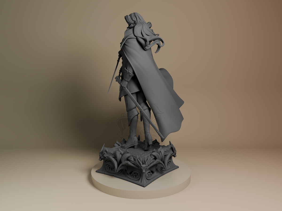 Alucard resin figure from Castlevania shown at angle, displaying flowing cape, armor details, and sword, unpainted gray on decorative base.