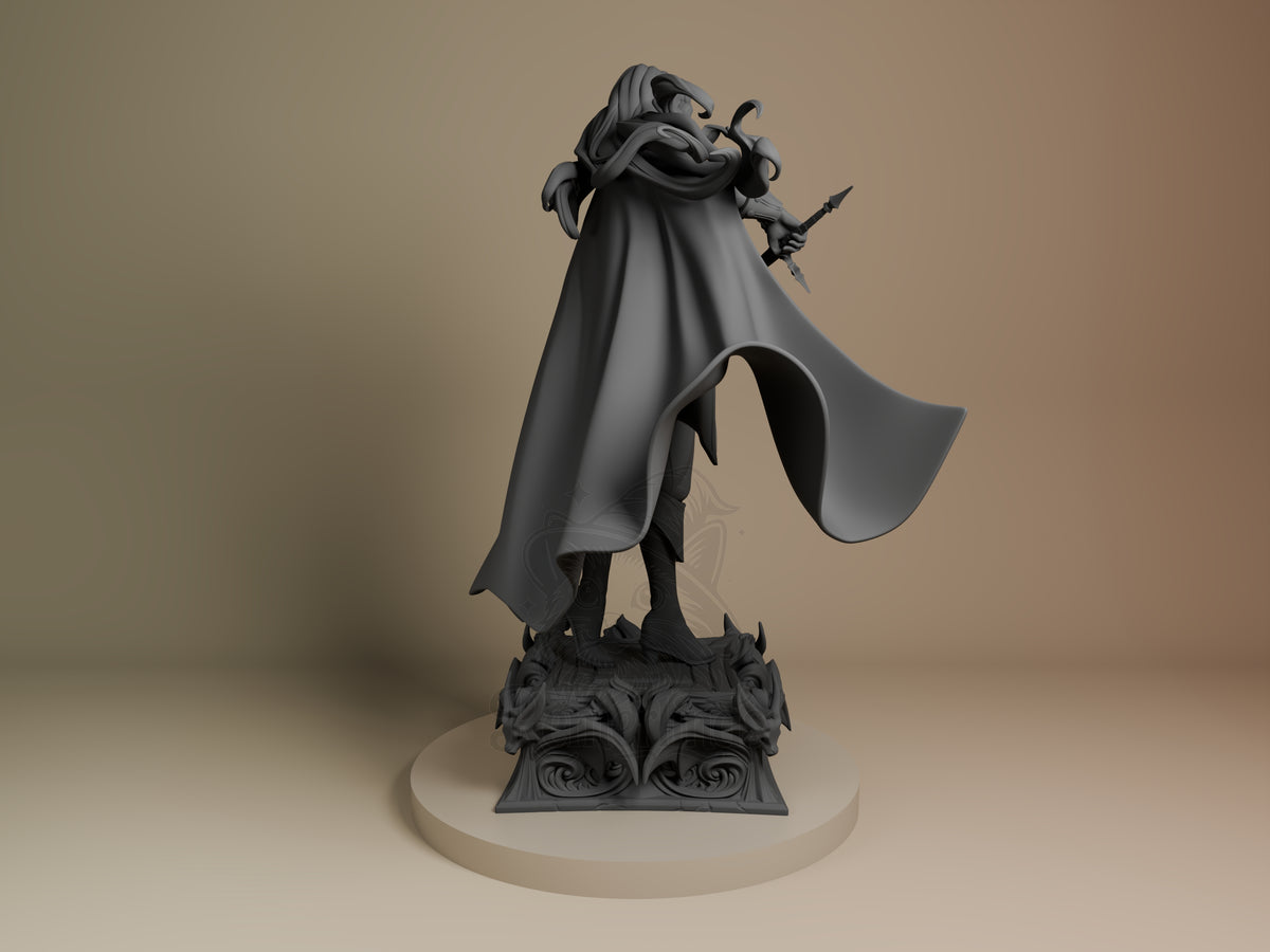 Alucard from Castlevania resin figure shown from behind, wearing flowing cape, holding sword, unpainted gray detail on ornate base.