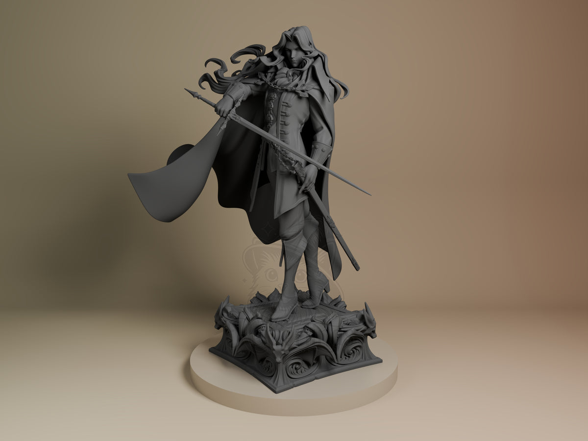 Alucard 3D printed resin figure from Castlevania in dynamic pose with cape and sword, unpainted gray finish, ornate base, front view.