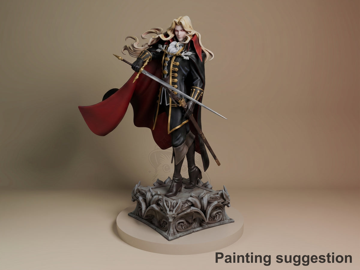 Alucard from Castlevania 3D resin figure in heroic pose holding sword, wearing ornate black coat with gold trim and flowing red cape, painted details on decorative base.