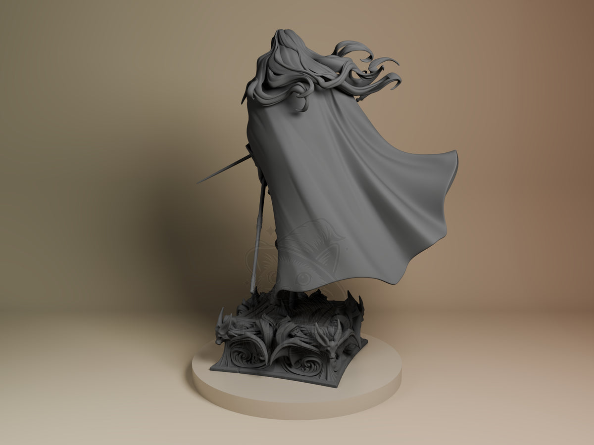 Alucard resin figure from Castlevania shown from left side, displaying flowing cape, ornate base, and unpainted gray finish on cream base.