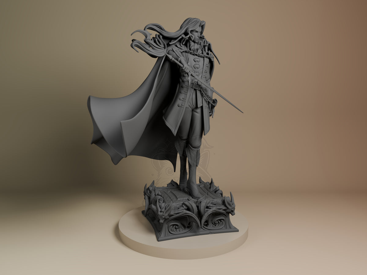Alucard from Castlevania resin figure shown from right angle, standing on ornate base with cape flowing, holding sword, unpainted gray finish.