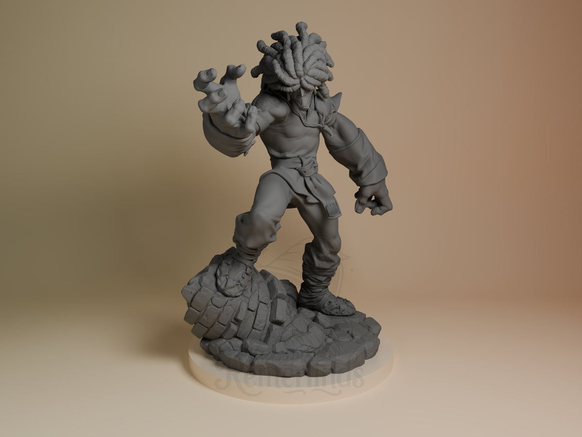 Amarant Final Fable 3D printed resin figure by Nomnom, unpainted front view. The figure depicts Amarant from Final Fantasy in a powerful and assertive stance, suggesting readiness for combat or action. His dreadlocked hair and bare upper body emphasize his rugged and tough persona, while the rocky base adds drama and context to the figure. The extended hand and clenched fist convey an aggressive and commanding attitude, making this miniature dynamic and visually engaging.