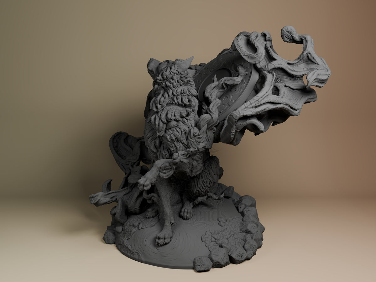 Amaterasu resin figure from Okami shown at angle, unpainted gray state with detailed fur texture, ornate celestial armor, dynamic pose on decorative base with floral elements.