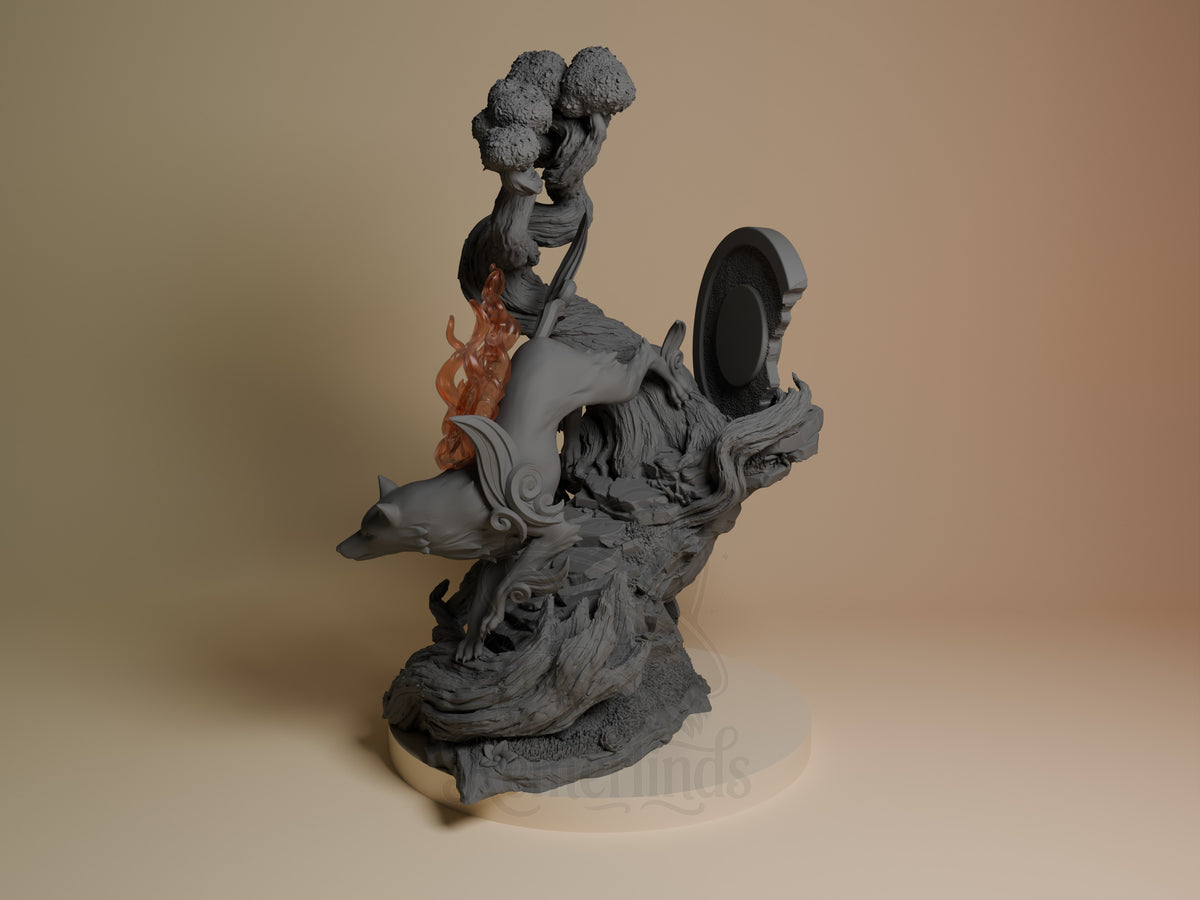 Amaterasu from Okami resin figure is angled, unpainted, with flames and disc on sculpted base.