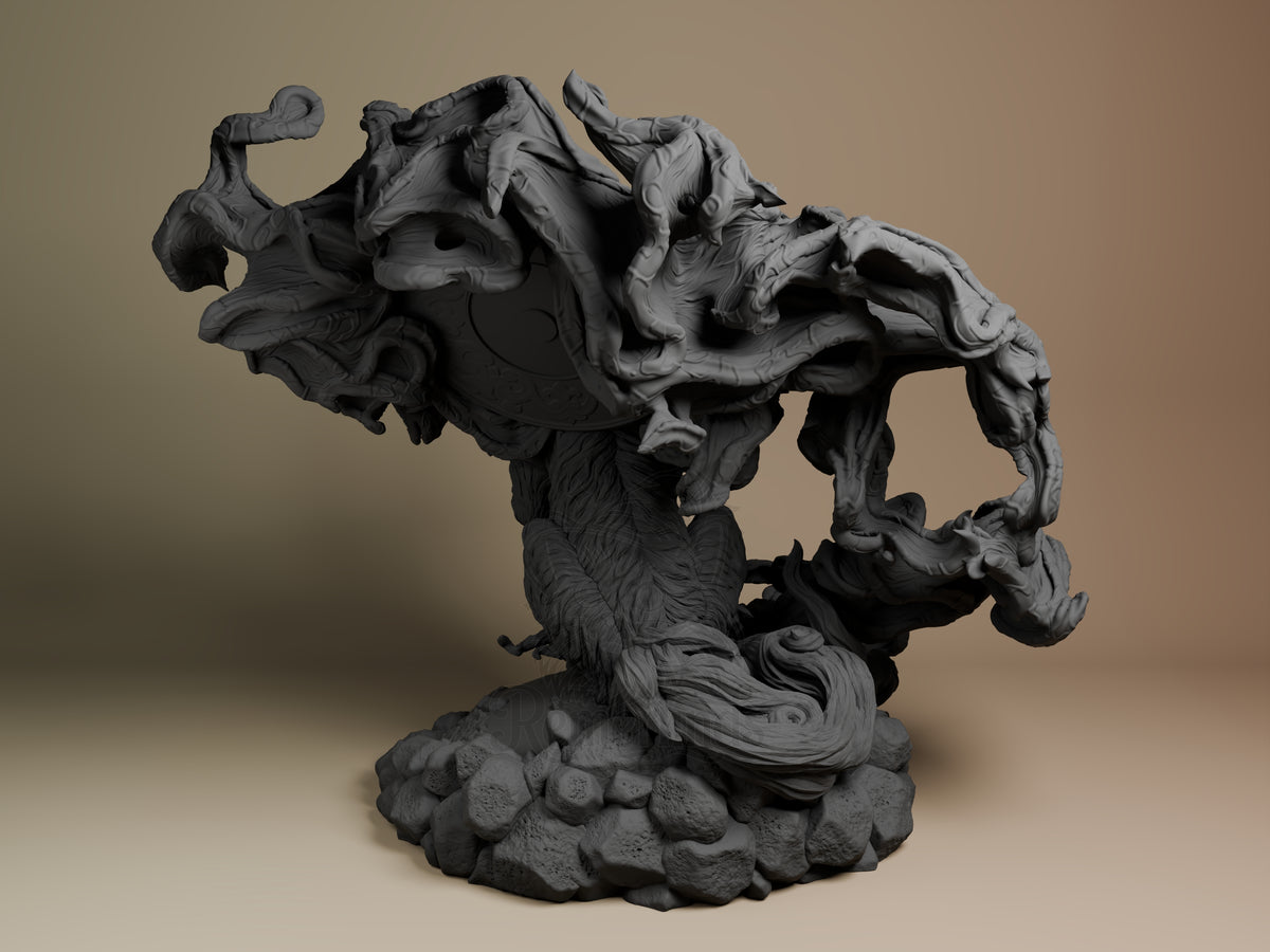 Amaterasu resin figure from Okami shown from back angle, unpainted gray resin with detailed fur texture, dynamic pose on rocky base.