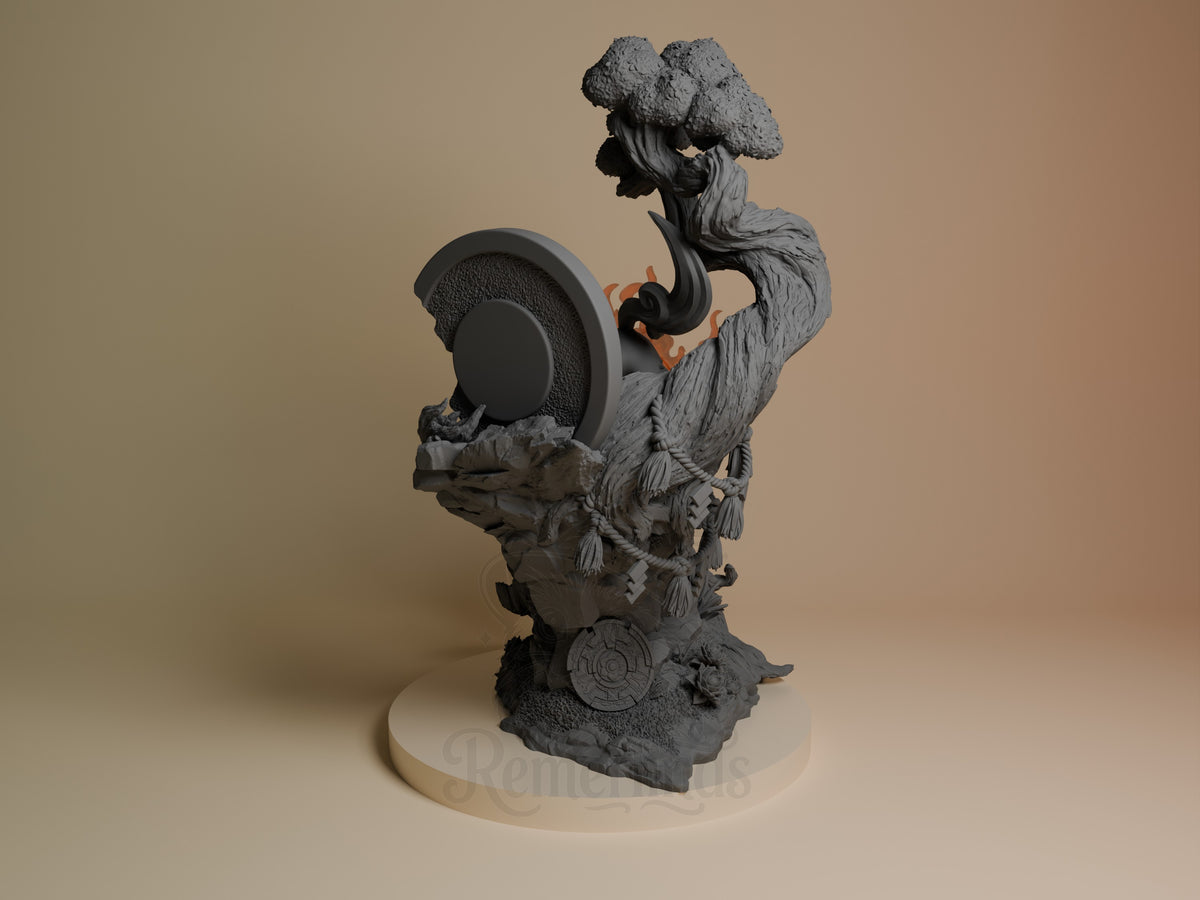 Back view of Amaterasu from Okami, a mostly unpainted resin figure with shield and tree base.